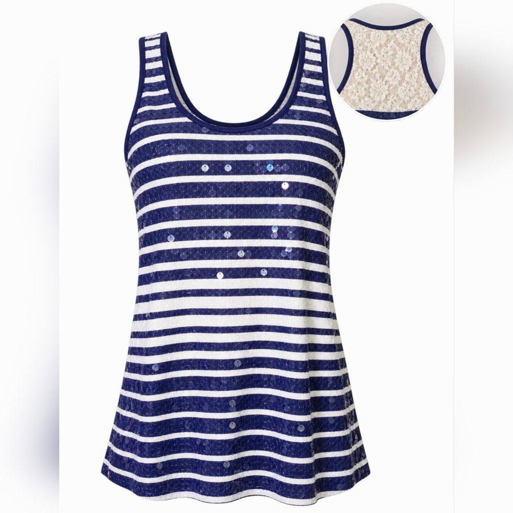 Weavers Tank Top Blue White Nautical Sequin Lace Racerback Classic Y2K Top S